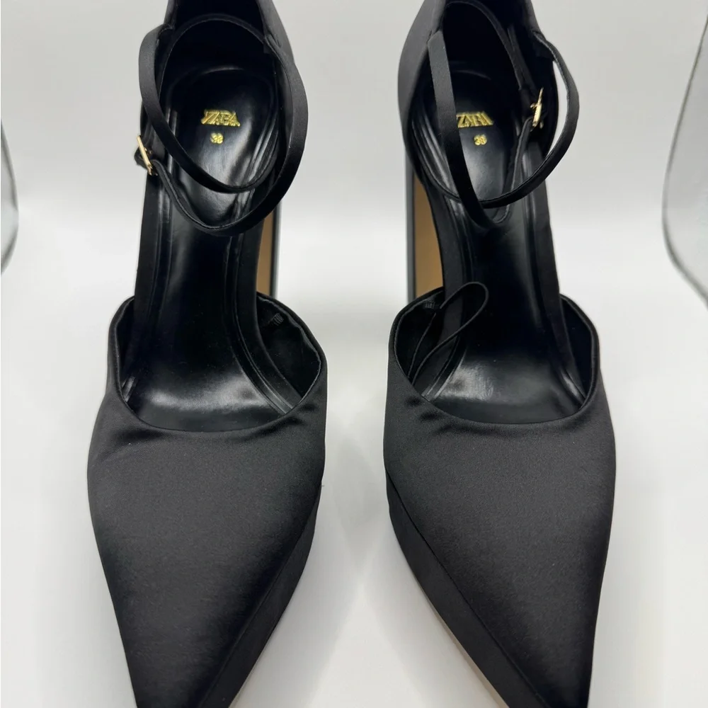 Zara Black Satin Ankle Strap Heels Pumps Pointed Toe 8 (38) - Picture 2 of 9